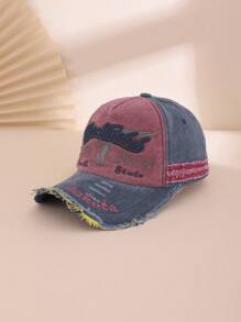 1pc Men's Color Block Embroidered Letter Distressed Washed Vintage Motorcycle Cap, Sun-Shading Fashion Baseball Hat, Streetwear Casual
