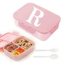 Caja de almuerzo de plástico con 3 compartimentos y patrón de 26 letras, de gran capacidad, apta para microondas, contenedor de almacenamiento de alimentos, caja bento portátil con cuchara y tenedor, adecuada para picnic, oficina, aperitivos - Rosa - Ver 32