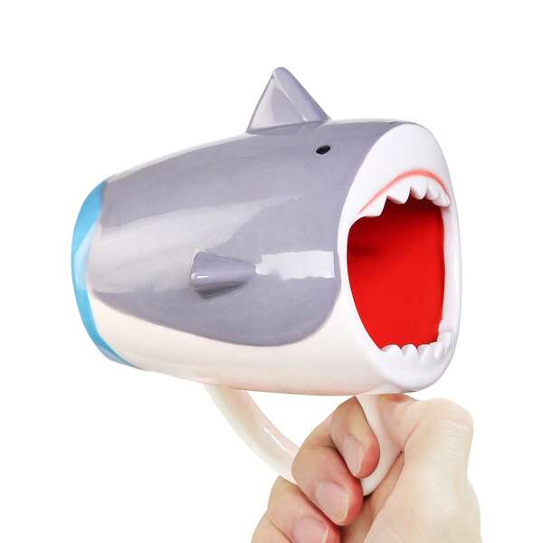 13.5 Oz Funny Shark Ceramic Coffee Mug, Cute Gray White Cartoon Handmade Figurine Tea Cup Novelty Coffee Cup With Handle For Holiday Birthday Gifts For Ocean Shark Lovers
