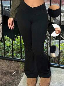 大码女士休闲纯色交叉腰舒适裤，适合秋季 - 黑色 - 查看 2