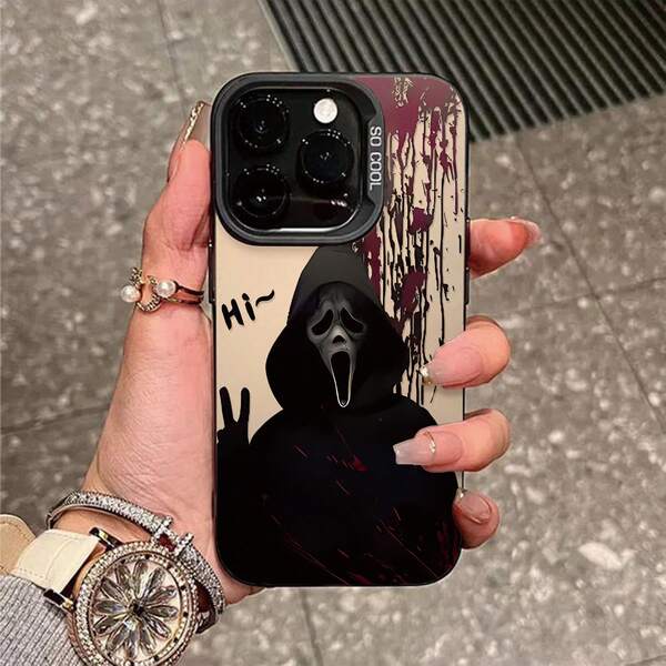 1pc Silver Base Large Window Lens Frame Halloween Ghost Face Scream Peace Sign Blood Drip Graffiti Hi English Full Coverage Soft Shell, Dark Horror Style Cool Niche Personalized Shockproof Phone Case, Compatible With IPhone17/17Pro/17ProMax/16/11/16Plus/16ProMax/16e/15ProMax/13/14/12/14ProMax/12ProMax/13ProMax/12Pro/13Pro/14Pro