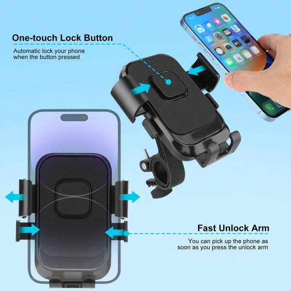 Motorcycle Phone Holder, Automatic Lock Bicycle Phone Holder, Bicycle Handlebar Phone Holder 360 Degree Rotation Suitable For Mountain Bike ATV Electric Scooter, Bicycle Holder, Motorcycle Handlebar Phone Holder Universal, Bicycle Motorcycle Scooter Bicycle Accessories Clip Fit For IPhone 15_14 Pro Max_X_XS, Galaxy S10 And 4.7-7.25 Inch Phones