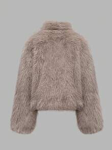 女士休闲百搭米色街头时尚柔软人造毛皮开衫夹克，适合冬季 - 卡其色 - 查看 2