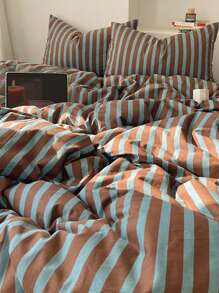 3 件套 100% 纯棉北欧风格蓝色和米色条纹床上用品套装，2 个枕套 + 1 个羽绒被套