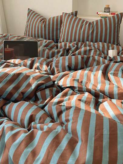 3pcs 100% Cotton Nordic Style Blue & Beige Striped Bedding Set, 2 Pillowcases + 1 Duvet Cover