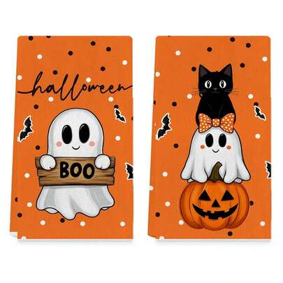 2pcs/Set Halloween Kitchen Towel Set, 40cm*60cm - Black Cat, Pumpkin, Ghost, Bat, Pumpkin Lantern Halloween Dish Towels, Orange & Black, Suitable For Holiday Party Decor, Home Decor, Polyester Dish Towels