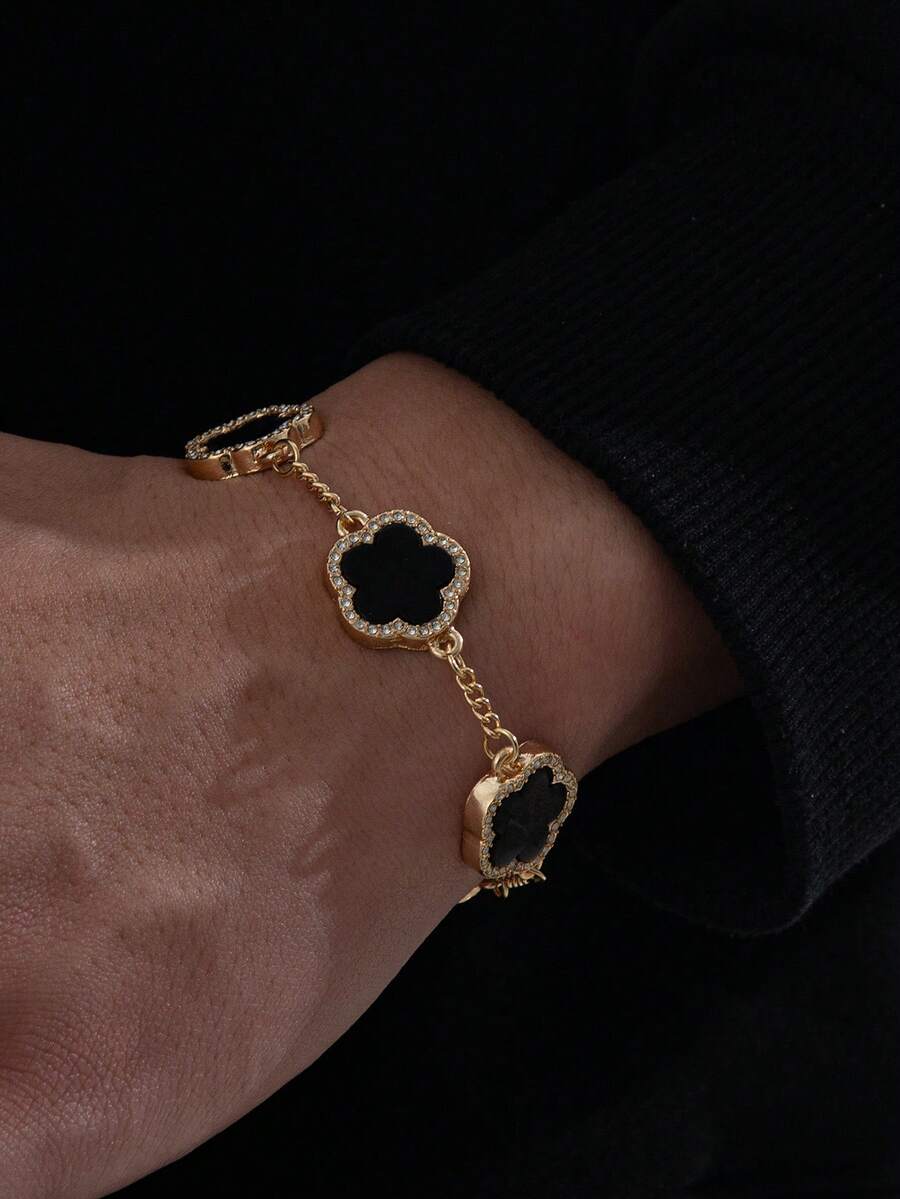 1 件简约日常幸运四叶草水钻装饰金属链手链，送给男朋友的礼物 - 黑色 - 查看 1