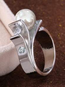 1 件优雅方晶锆石和人造珍珠戒指，适合女士结婚珠宝情人节礼物 - 銀色 - 查看 4