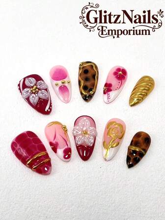 每套10片Y2k杏仁甲片纯手工立体雕刻工艺手绘法式美甲褪色工艺金色太阳镜粉造型胶多色搭配装饰女孩可爱夏日旅行海滩场景多色装饰三种尺寸可选适合派对万圣节舞会及日常佩戴美甲用品