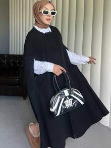 Poncho tip pelerină rezistentă la vânt din cașmir cu detalii și nasturi, culoare uni, casual elegant, poncho tip pelerină rezistentă la vânt din cașmir cu detalii și nasturi în față, ținută formală de seară - Negru - Vizualizare 7