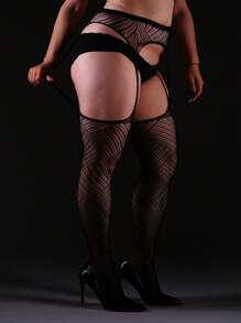 1/2/3 双女士加大码曲线渔网紧身裤，性感黑色透明连裤袜，带有几何镂空线条，适合春夏季、Y2K、万圣节