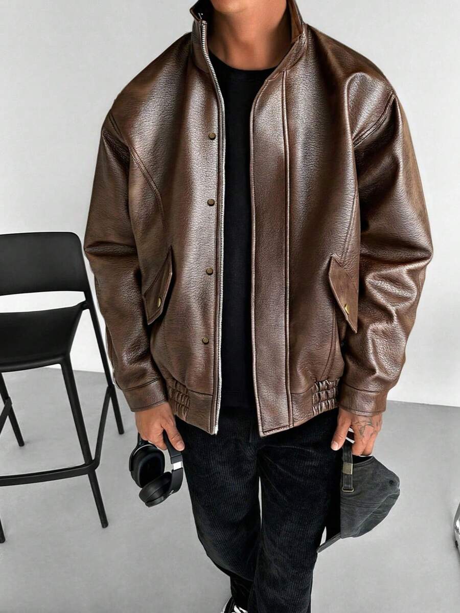 جاكيت جلد PU من نوع العملة القديمة للرجال ، خريف وشتاء