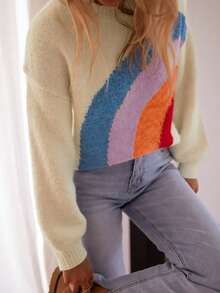 Women's Colorblock Rainbow Patchwork Design Casual Loose Fit Crew Neck Sweatshirt, Fashion, Autumn/Winter - Multicolor - View 3