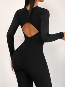 休闲经典圆领后交叉前拉链长袖连体裤紧身衣春夏新款露背女式连体裤