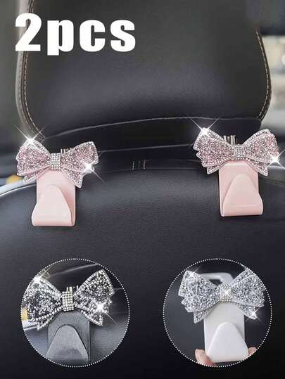 Shiny Fashion Full Rhinestone Bow Backseat Hook, Car Interior Storage Hook Decor, Universal Type, Other Plastic Material - Suitable For Organizing And Storing Fashionable Accessories, Car Hooks, Seat Back Hooks, Cute Rhinestone Bow Hook, Small Gift For Sisters, Family, And Friends
