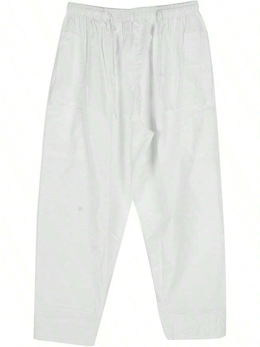 GLOGLOW Men's Prayer Pants, Breathable Polyester Cotton Loose Fit Elastic Waistband Afghan Pajama Trousers For Muslim Prayer Home Travel Casual Wear (L) White - 白色 - 查看 1