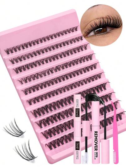 Kit de extensii de gene DIY 200/600 buc, gene individuale, ondulare în formă de D, clustere de gene cu legătură de gene, îndepărtare și sigilare a genelor și aplicator de gene, perie pentru auto-aplicare la domiciliu, kit de clustere de gene, gene, gene false