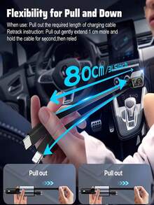 Retractable Phone Car Charger - 4-In-1 Fast Car Phone Charger 120W With Retractable Cord (31.5 Inches) And 2 USB Ports Car Charger Adapter, Compatible With IOS And Android Multi-Function Devices Suitable For Daily Commute, Long Drive, Charging While Driving Car Accessories - Black - View 8