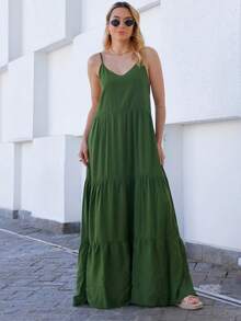 Viscolinho Women's Long Dress With Adjustable Straps - Army Green - View 1