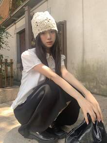 女式短袖纯色荷叶边领衬衫 - 白色 - 查看 5