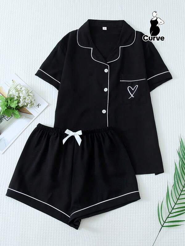2pcs Women Plus Size Summer Solid Color Contrast Trim Collar Pocket Heart Embroidery Button Up Top And Bow Shorts Pajama Set, Suitable For Home Use