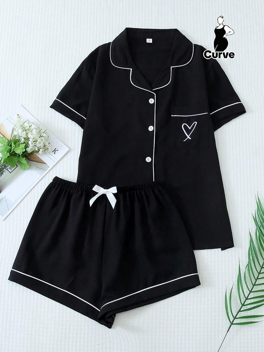 2pcs Women Plus Size Summer Solid Color Contrast Trim Collar Pocket Heart Embroidery Button Up Top And Bow Shorts Pajama Set, Suitable For Home Use