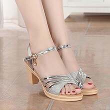 Sandalias de tacón grueso con correa de una sola pieza, punta abierta, tacón alto, sandalias de tacón alto, zapatos de mujer, zapatos, zapatos deportivos de mujer. - Plateado - Ver 3