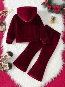 Set da 2 pezzi per ragazze con giacca con cappuccio con chiusura lampo e fogli a forma di cuore vellutati + pantaloni a zampa di microfibra, set di moda per feste, casual, primavera/estate