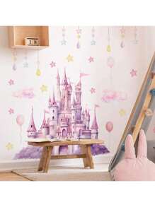奇幻城堡与热气球墙贴 - 可移除防水 PVC 贴纸，粉色闪光梦幻设计 - 自粘装饰，适用于婴儿房、卧室和家居室内装饰 - 29.97 厘米 X 89.92 厘米 - 彩色 - 查看 14