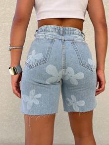 Kissmelady 8414 Button Pocket Raw Hem Zipper Floral Short Jeans 8414 - Rửa trung bình - Xem 6
