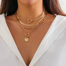 In Stock Instant Delivery Gold Layered Stack Necklace Set Women, Retro Thick Cuban Chain Coin Medallion Pendant Necklace, Paperclip Chain Heart Clasp Choker Jewelry WFZK - 黑色 - 查看 3