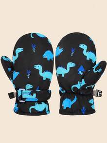 1 par de luvas infantis grossas e quentes de inverno com estampa de dinossauro em cores sólidas para atividades ao ar livre - Multicolorido - Ver 6