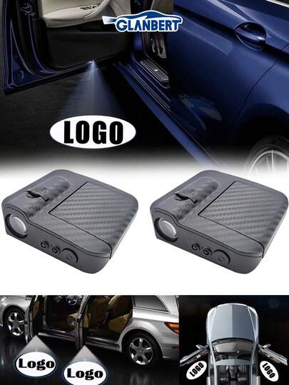 GLANBERT 2 Stück Kohlefaser-Textur LED Willkommensleuchten, kabellose Projektionslogo-Lampe, automatisch erkennende dekorative Einstiegsbeleuchtung, kompatibel mit Audi, Opel und anderen Automodellen