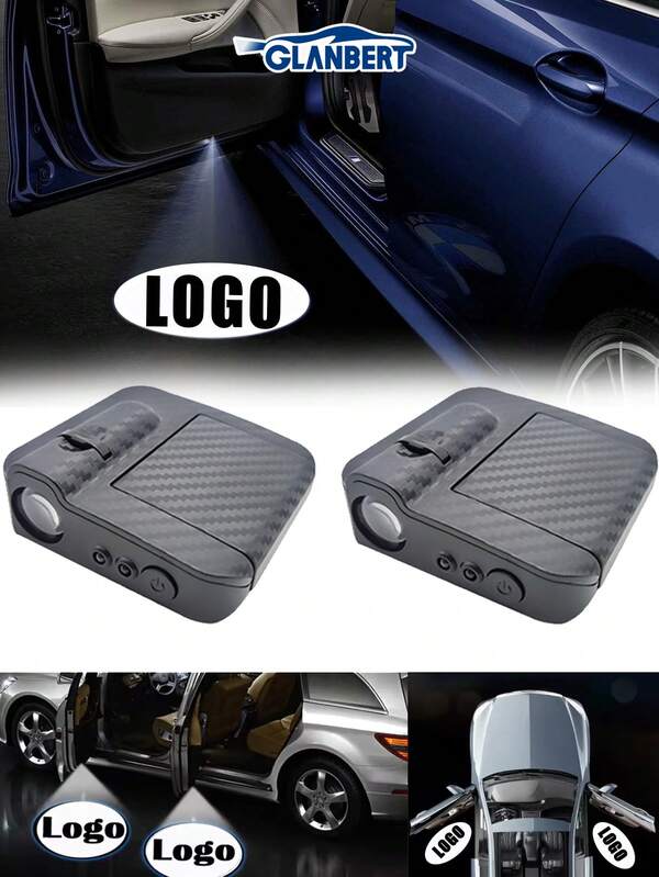 GLANBERT 2pcs Carbon Fiber Pattern Door Welcome LED Lights, Wireless Projection Logo Lights, Automatic Sensing Decorative Pedal Courtesy Lights Compatible With BMW Audi Opel Mercedes Benz Etc