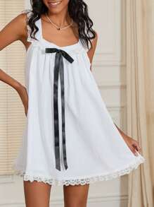 Women Mini Dress Lace Trim Fly Sleeve Bowknot Embellished Short Dress Summer Fashion Casual Dress