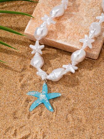 1pc Summer Beach Vacation Ocean Life Series Pearl Shell Starfish Conch Pendant Necklace, Suitable For Daily Beach, Vacation, Party, Outfit Matching