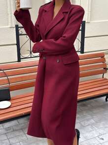 DEEKA Autumn/Winter New Women's Fashion Casual Minimalist Solid Color Lapel Double-Breasted Woolen Coat, European And American Style - Burgundy - View 2