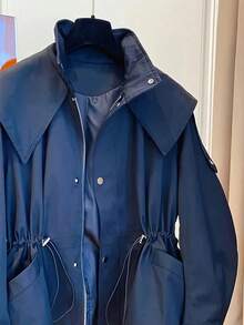 1pc Solid Color Woven Fabric Drawstring Pocket Front Button Trench Coat, Casual Spring/Autumn - Navy Blue - View 5