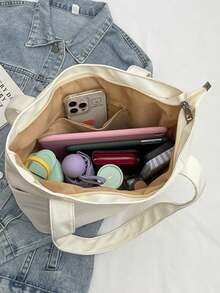 Vintage Solid Color Tote Bag For Women, Fashion Multiple Pockets Hobo Shoulder Bag, Large Capacity Top Handle Vacation Travel Underarm Storage Bag, Casual Handbag Commuting & Going Out, Portable Square Shopping Messenger Bags For Daily Use, Literary School Bag & Book Bag For Women Or Students, Perfect For Books, Shopping, Back To School And More - 彩色 - 查看 10