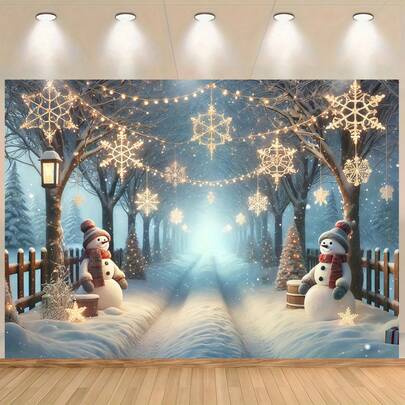 A Winter Wonderland Photography Backdrop Featuring Festive Themes, Sparkling Lights And Snowmen, With A Magical Forest Trail Scene. Perfect For Christmas And Holiday Photo Shoots, Birthday Parties, And Festival Decorations.