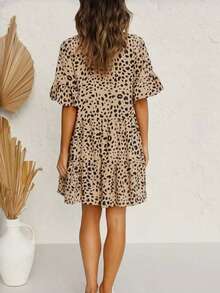 Women's Polka Dot Print V-Neck Casual Elegant Dress, Short Sleeve - Khaki - View 2