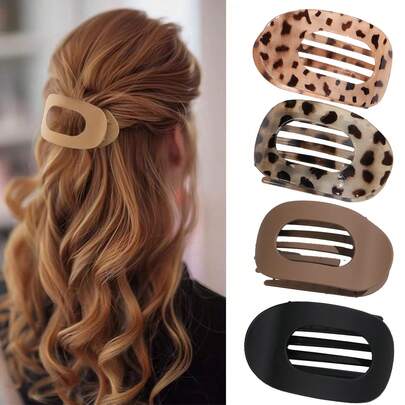 DAZY 2-6pcs Flat Round Hair Clips, Solid Color + Leopard Print Combo, Women Daily Hairstyle Claws, Non-Slip Duck Mouth Clips, Curved Arc Design, Durable Plastic Hair Accessories, Vintage Minimalist Niche Hair Pins