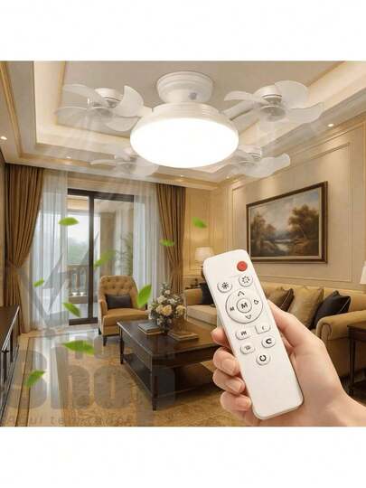 Ventilador de Teto com Lustre LED E27, Silencioso, com Controle Remoto e 4 Mini Hélices Integradas
