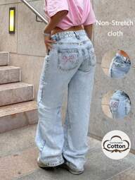 Bestselling Millennium Sweet Patch Pocket Embroidered Butterfly Straight Leg Long Jeans