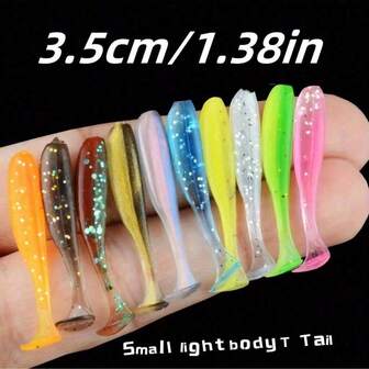 10/20/30/50/100 pezzi, 3,5 cm/1,4 pollici Piccole code di esca luminose e morbide, esche da pesca, esche per pesci d'acqua dolce con piccola coda a T, pesca in mare aperto e in acque interne, per bass e pesci d'acqua dolce, accessori per la pesca (mix di colori casuali)