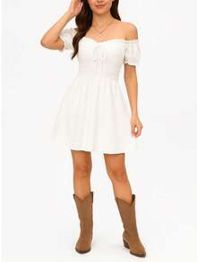 Vestido Tipo Campesino.  Fruncido en Pecho y Cordón.  Manga Corta. - Blanco - Ver 1