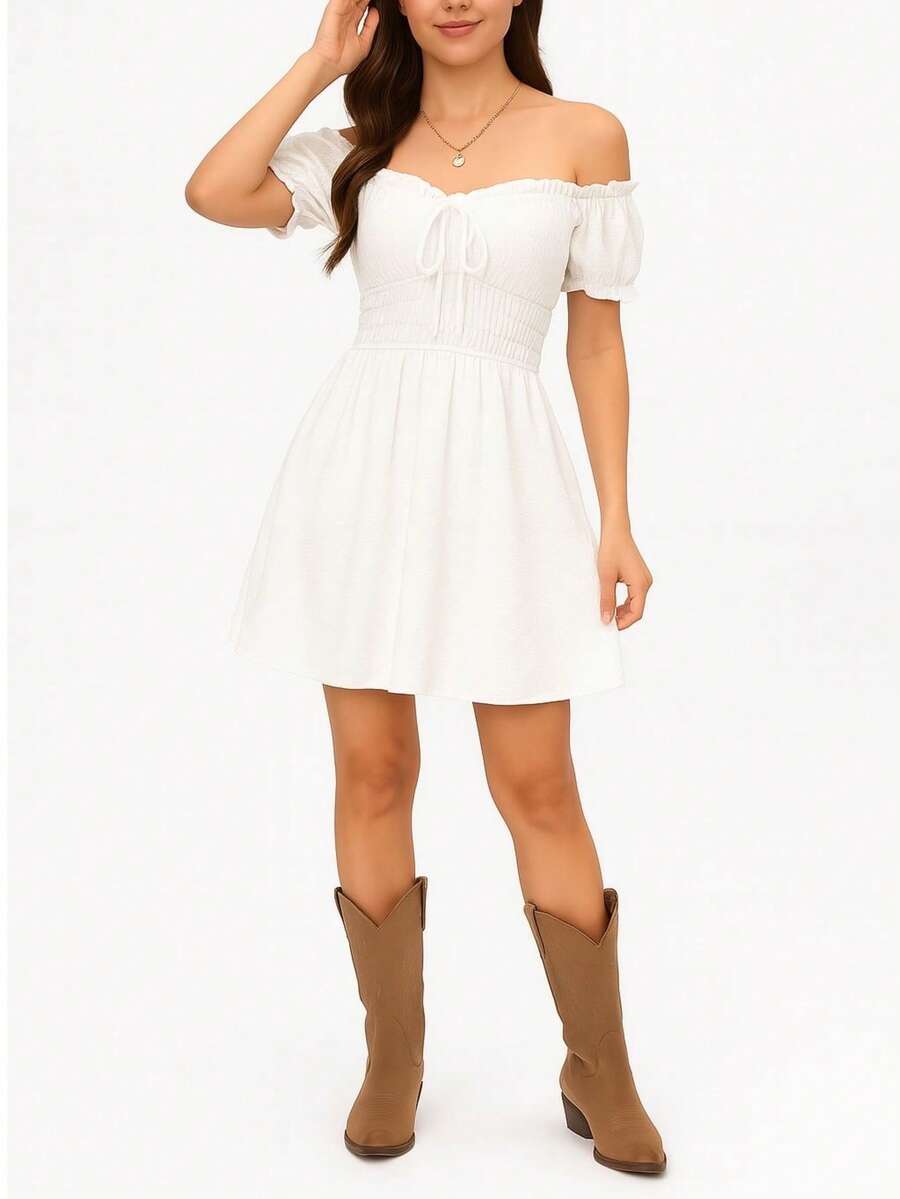 Vestido Tipo Campesino.  Fruncido en Pecho y Cordón.  Manga Corta. - Blanco - Ver 1