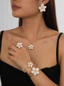 Juego de 5 piezas con forma de flor que incluye pulsera, anillo, collar y aretes