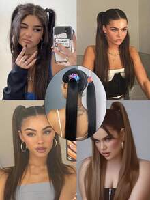 2 件 18 英寸 Yaki 直马尾接发，带弹力扎带，耐扎合成假发，马尾接发，假马尾假发，适合女性日常佩戴，黑色/棕色 - 彩色 - 查看 4