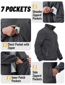KEFITEVD Men's Fleece Jacket Casual Cargo Work Jacket Winter Full Zip Fleece Lined Warm Coat - Dark Grey - View 6